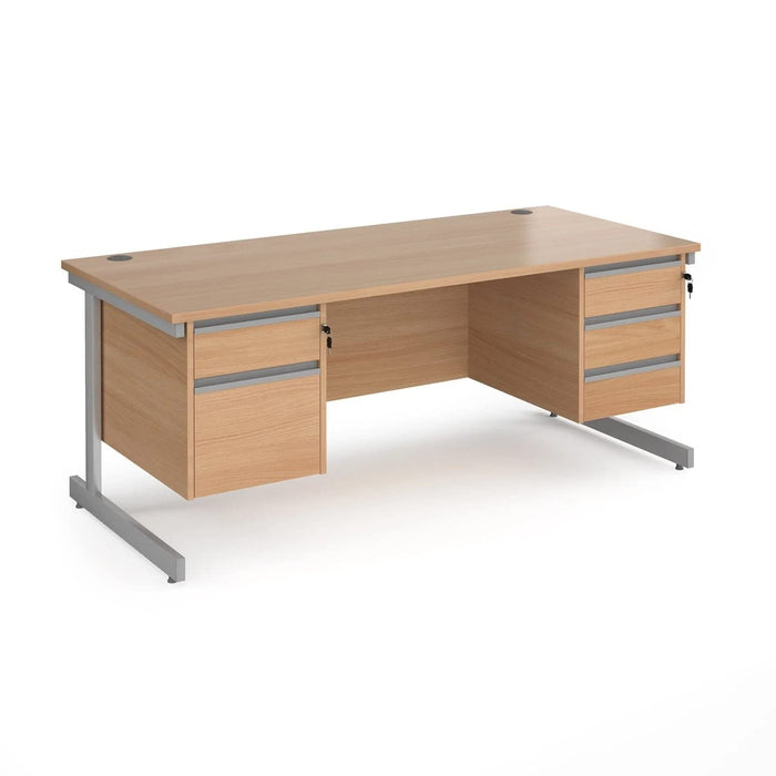 Dams International Straight Desk with Beech Coloured MFC Top and Silver Frame Cantilever Legs and Two & Three Lockable Drawer Pedestals Contract 25 1800 x 800 x 725mm