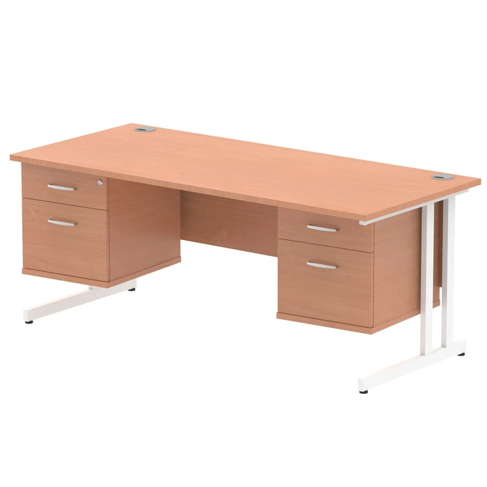 Dynamic Rectangular Office Desk Beech MFC Cantilever Leg White Frame Impulse 2 x 2 Drawer Fixed Ped 1800 x 800 x 730mm