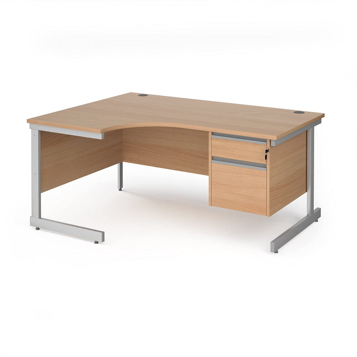 Left Hand Ergonomic Desk with 2 Lockable Drawers Pedestal and Beech Coloured MFC Top with Silver Frame Cantilever Legs Contract 25 1600 x 1200 x 725 mm