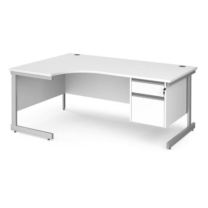 Dams International Left Hand Ergonomic Desk with 2 Lockable Drawers Pedestal and White MFC Top with Silver Frame Cantilever Legs Contract 25 1600 x 1200 x 725 mm