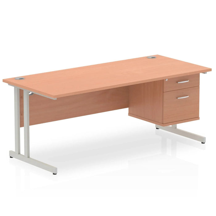 Dynamic Rectangular Office Desk Beech MFC Cantilever Leg Silver Frame Impulse 1 x 2 Drawer Fixed Ped 1800 x 800 x 730mm