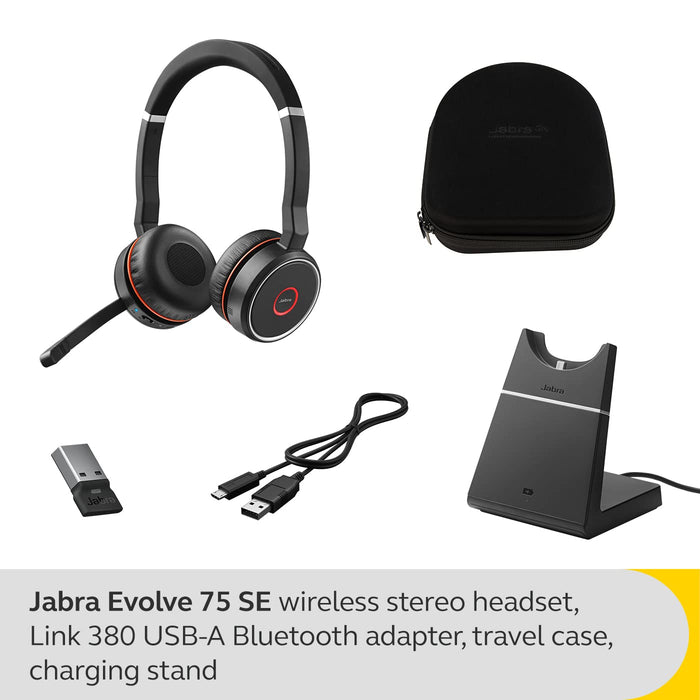 Jabra Evolve 75 SE MS Stereo - Headset - on-ear - Bluetooth - wireless - active noise cancelling - USB - with charging stand - Certified for Microsoft Teams - for LINK 380a MS
