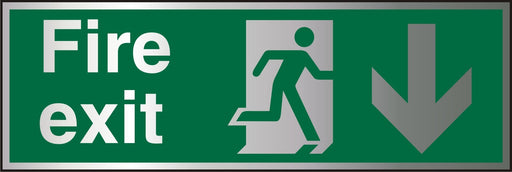 Fire Exit Sign Down Arrow Aluminium Green, Silver 10 x 30 cm