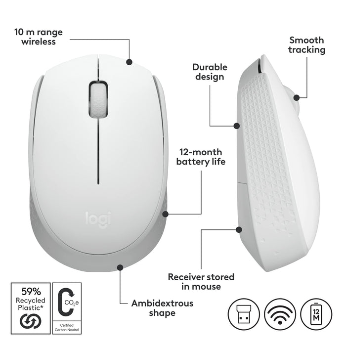 Logitech M171 1000 DPI Ambidextrous RF Wireless Optical Mouse Off White