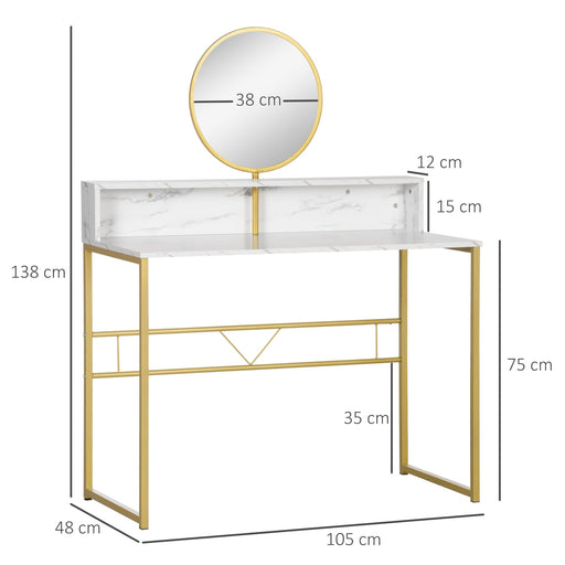 HOMCOM Table Glass Mirror, Particle Board,Steel White, Golden 105 x 48 x 138 cm