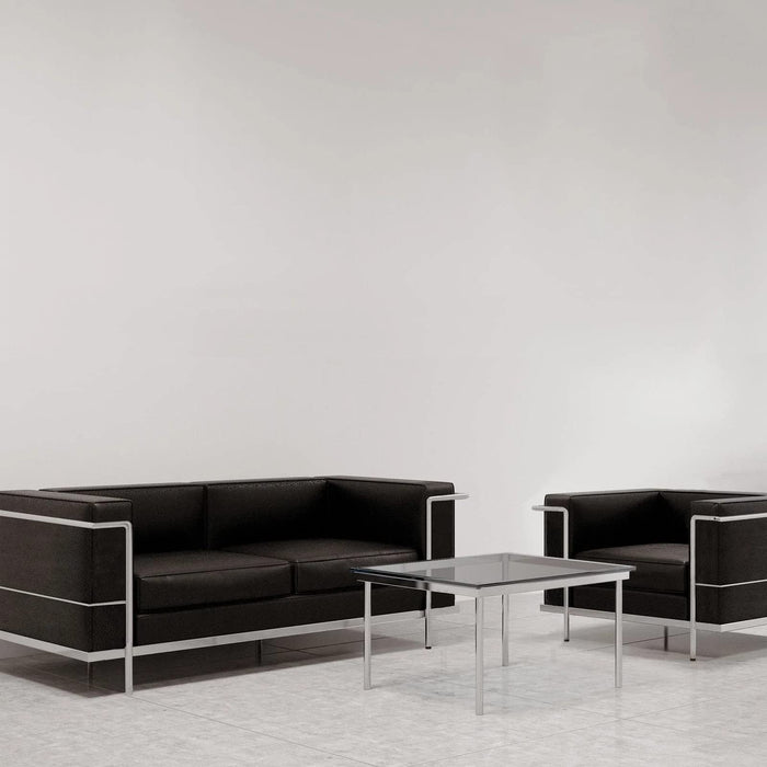 Nautilus Designs Ltd. Contemporary Cubed Leather Faced Reception Chair with Stainless Steel Frame and Integrated Leg Supports BSL/X201/BK Black