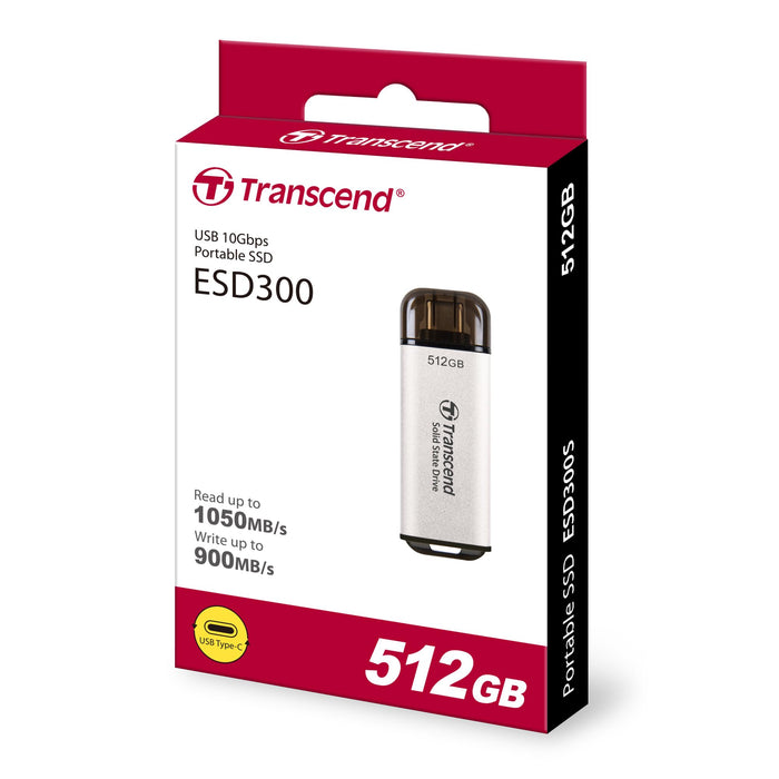 Transcend ESD300S - SSD - 512 GB - external (portable) - USB 3.2 Gen 2x1 (USB-C connector) - silver