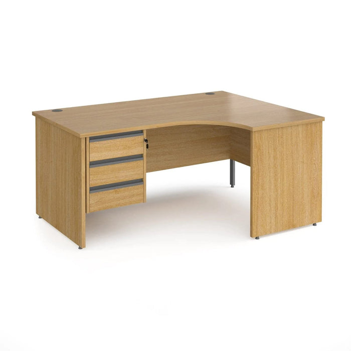 Dams International Right Hand Ergonomic Desk with 3 Lockable Drawers Pedestal and Oak Coloured MFC Top with Graphite Panel Ends and Silver Frame Corner Post Legs Contract 25 1600 x 1200 x 725 mm
