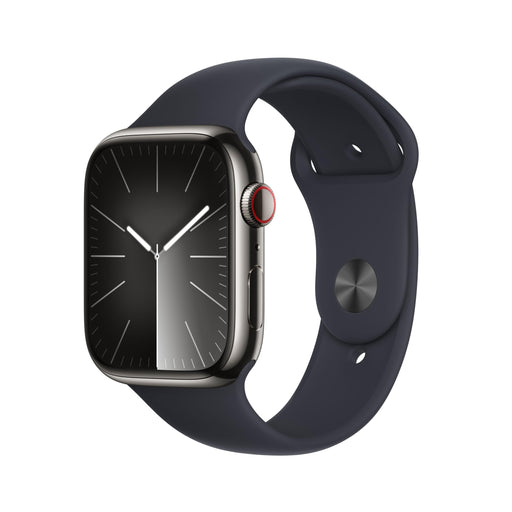Apple Watch Series 9 (GPS + Cellular) - 45 mm - graphite stainless steel - smart watch with sport band - fluoroelastomer - midnight - band size: M/L - 64 GB - Wi-Fi, LTE, UWB, Bluetooth - 4G - 51.5 g