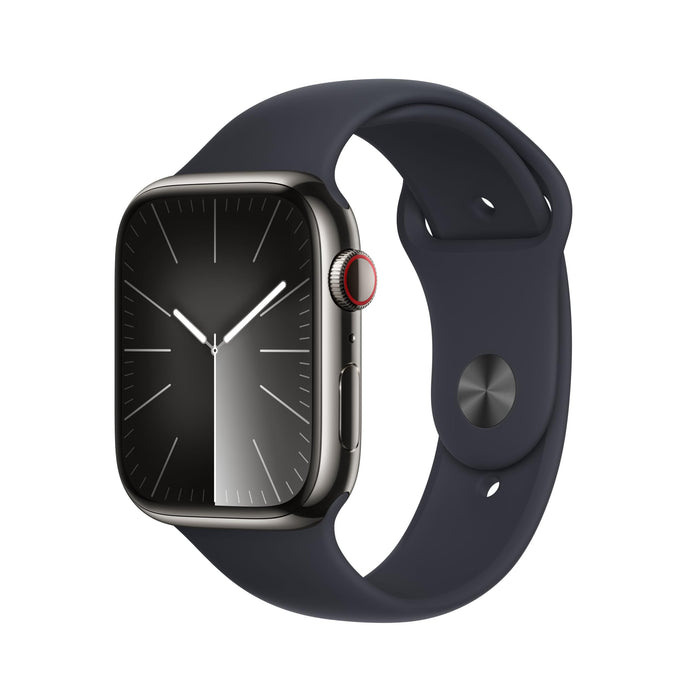 Apple Watch Series 9 (GPS + Cellular) - 45 mm - graphite stainless steel - smart watch with sport band - fluoroelastomer - midnight - band size: M/L - 64 GB - Wi-Fi, LTE, UWB, Bluetooth - 4G - 51.5 g