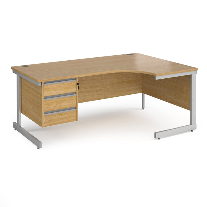 Dams International Right Hand Ergonomic Desk with White MFC Top and Silver Frame Cantilever Legs and 3 Lockable Drawer Pedestal Contract 25 1800 x 1200 x 725mm