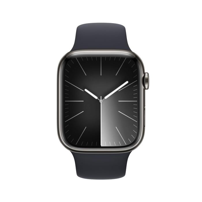 Apple Watch Series 9 (GPS + Cellular) - 45 mm - graphite stainless steel - smart watch with sport band - fluoroelastomer - midnight - band size: M/L - 64 GB - Wi-Fi, LTE, UWB, Bluetooth - 4G - 51.5 g