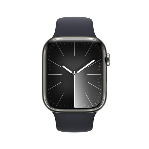 Apple Watch Series 9 (GPS + Cellular) - 45 mm - graphite stainless steel - smart watch with sport band - fluoroelastomer - midnight - band size: S/M - 64 GB - Wi-Fi, LTE, UWB, Bluetooth - 4G - 51.5 g