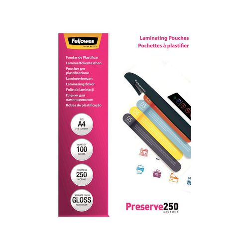 Fellowes Laminating Pouches A4 Glossy 250 microns (2 x 250) Transparent Pack of 100