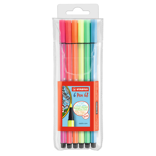 STABILO Pen 68 Premium Fibre Tip Pens Wallet Assorted Neon Pack of 6