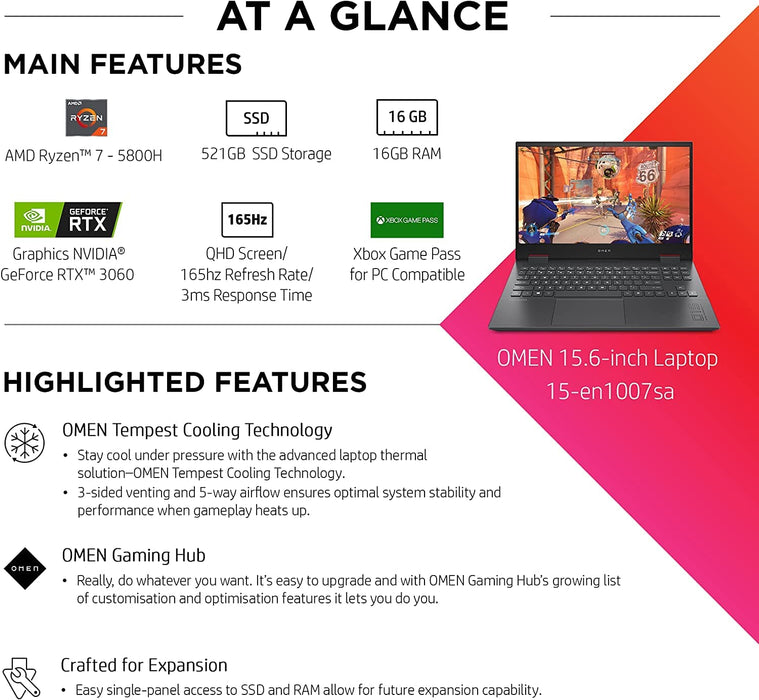 HP Laptop 15-en1007na 5800H 512 GB SSD NVIDIA GeForce RT x 3060, 6 GB Windows 11 Home