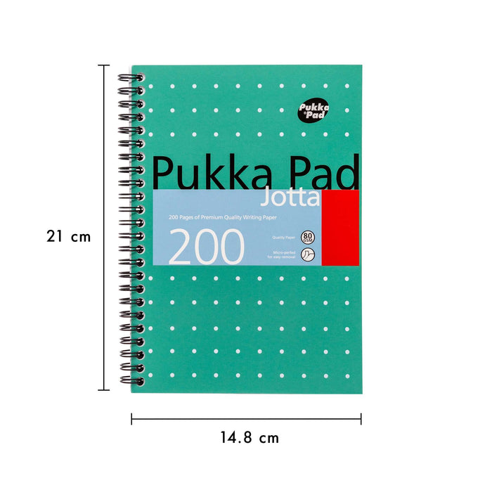 Pukka Pad Notebook Metallic Jotta A5 Ruled Spiral Bound Cardboard Hardback Green Perforated 200 Pages Pack of 3