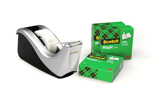 Scotch Tape Dispenser Set C60 Black, Silver with 4 Rolls of Scotch Magic 810 Invisible Tape 19 mm (W) x 33 m (L)