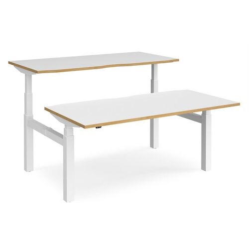 Elev8² Rectangular Sit Stand Back to Back Desk with White & Oak Coloured Melamine Top and White Frame 4 Legs Touch 1600 x 1650 x 675 - 1300 mm