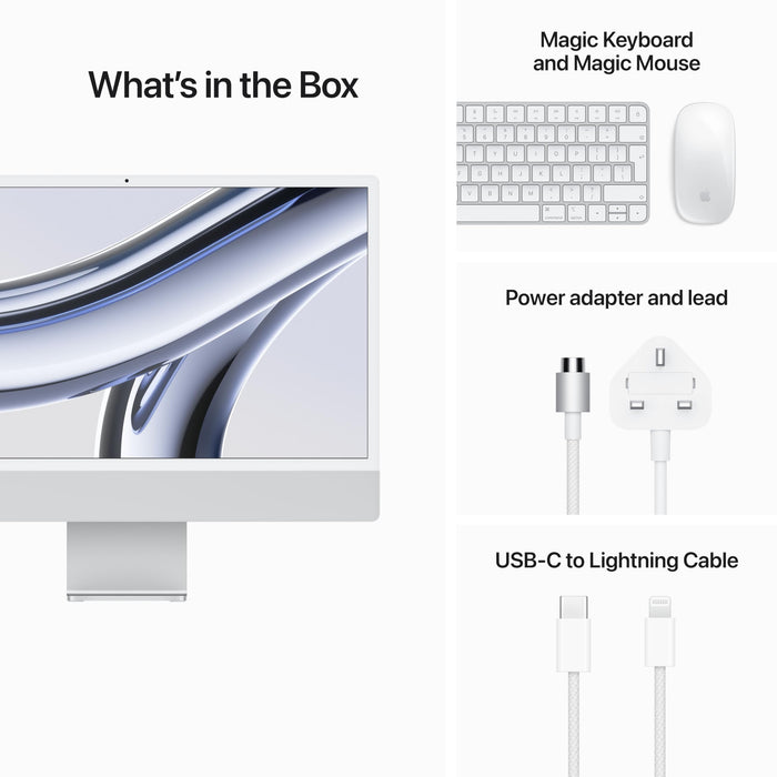 All-in-one 24-inch iMac with Retina 4.5K display - M3 chip with 8 core CPU and 8 core GPU - 8GB RAM - 256GB SSD - Silver - Z195