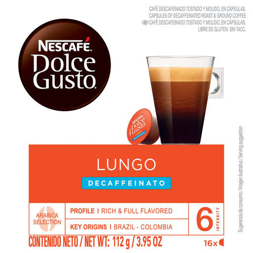 Nescafé Dolce Gusto Decaffeinated Ground Coffee Pods Box Lungo 7 g Pack of 6