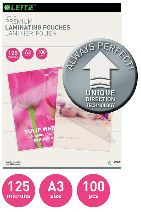 Leitz iLAM Premium Laminating Pouches A3 Glossy 125 microns (2 x 125) Transparent Pack of 100