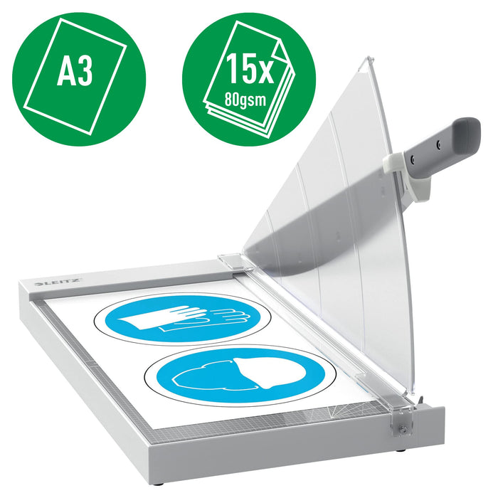 Leitz Precision Office Guillotine Paper Cutter 9022 A3 420 mm Steel Blade Premium Glass Bed EdgeGlow Light Grey 15 Sheets