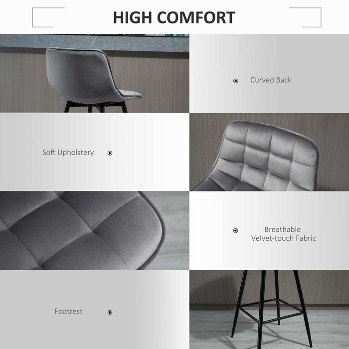 HOMCOM Counter Chair Velvet Touch Grey Pack of 2