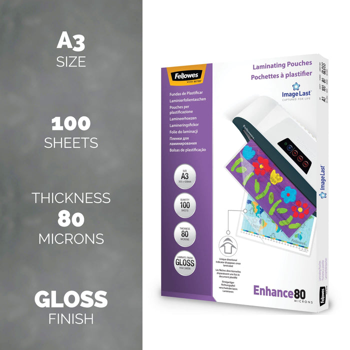 Fellowes ImageLast Laminating Pouches A3 Glossy 80 micron Transparent Pack of 25