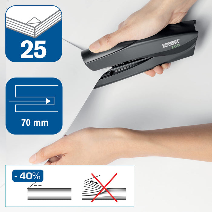 Rapid ECO Flat Clinch Stapler 24812301 CO2 Neutral Full Strip Black 25 Sheets 24/6, 26/6 76% Recycled Plastic