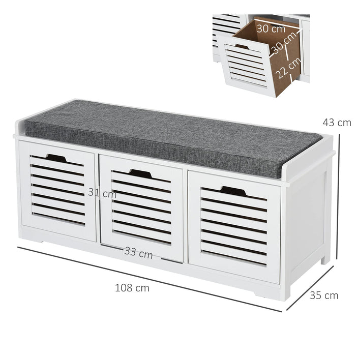 HOMCOM White Storage Bench with 2 Drawers and Removable Grey Seat