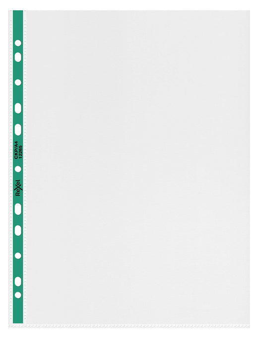 Rexel Punched Pockets A4 Green, Transparent 90 microns Polypropylene Up 11 Holes 12265 Pack of 100