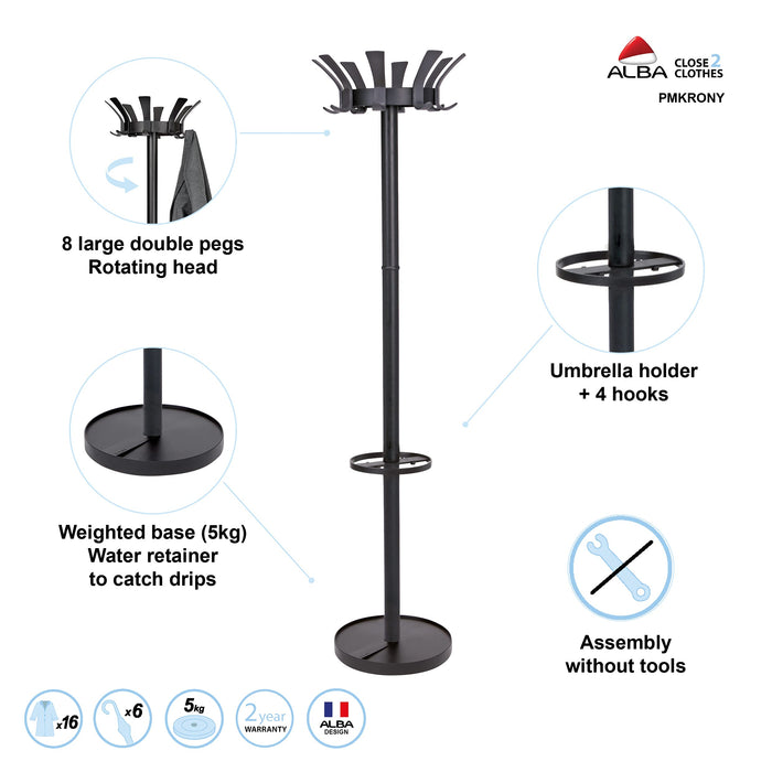 Alba Coat Stand Krony 1760 mm 16 Coat Pegs