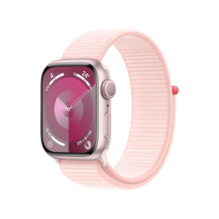 Apple Watch Series 9 (GPS) - 41 mm - pink aluminum - smart watch with sport loop - soft double-layer nylon - light pink - 64 GB - Wi-Fi, UWB, Bluetooth - 31.9 g