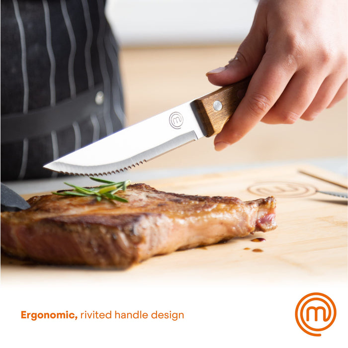 MasterChef Steak Knife Set Stainless Steel, Acacia Wood Brown, Silver 12.5 cm