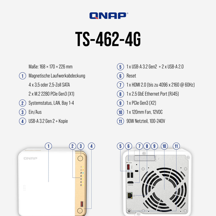QNAP TS-462 - NAS server - 4 bays - SATA 6Gb/s - RAID RAID 0, 1, 5, 6, 10, JBOD - RAM 4 GB - 2.5 Gigabit Ethernet - iSCSI support