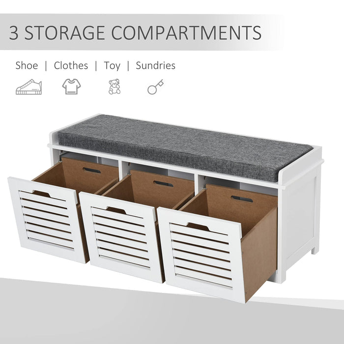 HOMCOM White Storage Bench with 2 Drawers and Removable Grey Seat