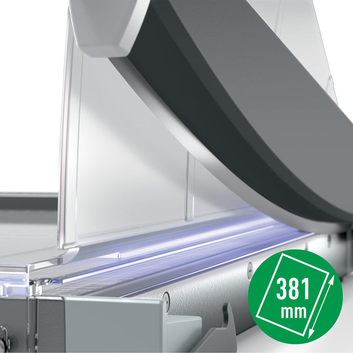 Leitz Precision Office Pro Guillotine Paper Cutter 9023 A4+ 381 mm Steel Blade Premium Glass Bed EdgeGlow Light Grey 25 Sheets