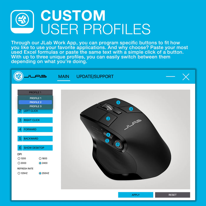 JLab Audio Epic 2400 DPI Wireless Bluetooth Mouse Black