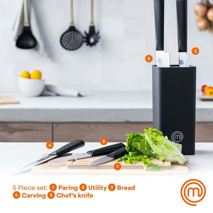 MasterChef Knife Set with Knife Block Stainless Steel Black, Silver Set of 5