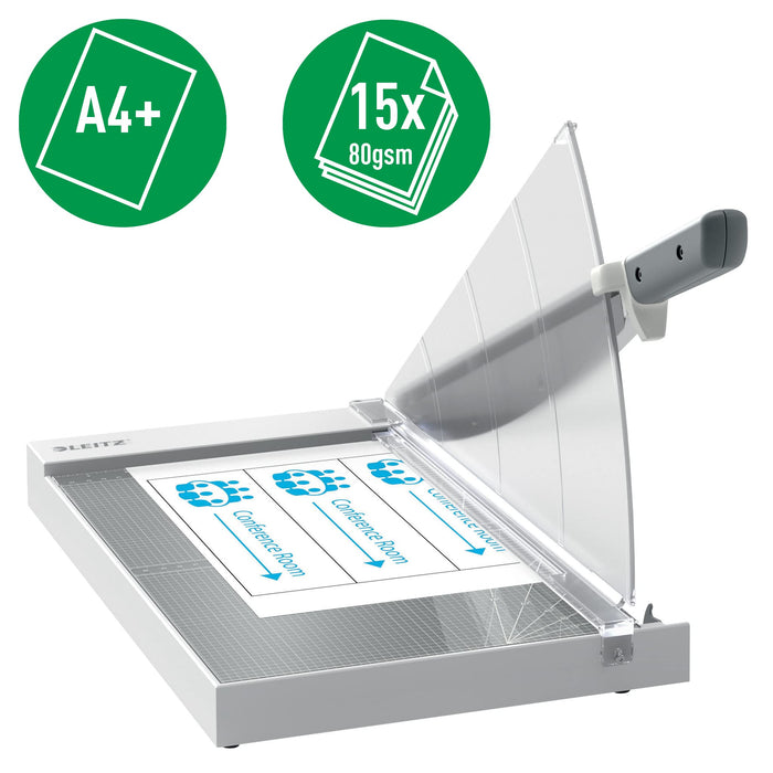 Leitz Precision Office Guillotine Paper Cutter 9021 A4+ 381 mm Steel Blade Premium Glass Bed EdgeGlow Light Grey 15 Sheets