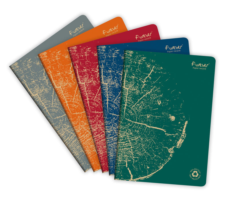 Clairefontaine Forever Recycled A4 Stapled Notebooks 120 Pages 90gsm Feint Ruled Paper Assorted Colours (Pack 5) - 68466C