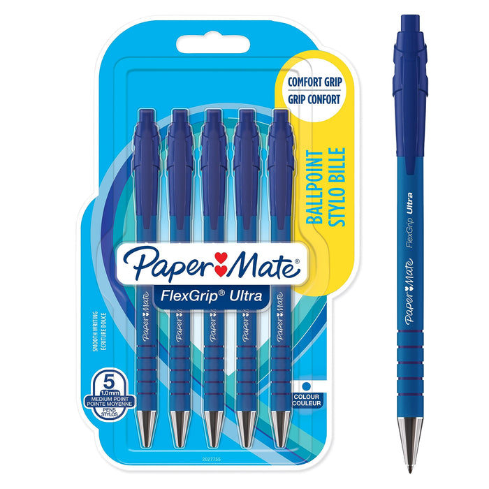 PaperMate FlexGrip Ultra Retractable Ballpoint Pen 0.5 mm Blue Pack of 5