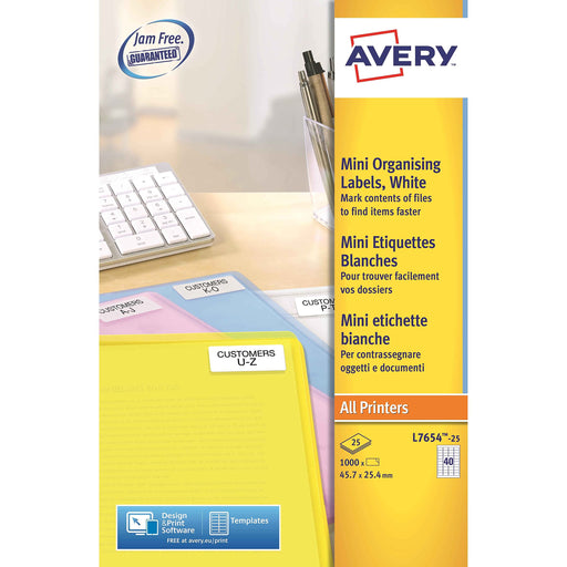 Avery L7654-25 Mini Multipurpose Labels Self Adhesive 45.7 x 25.4 mm White 25 Sheets of 40 Labels