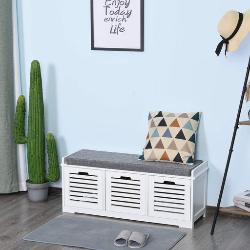 HOMCOM White Storage Bench with 2 Drawers and Removable Grey Seat