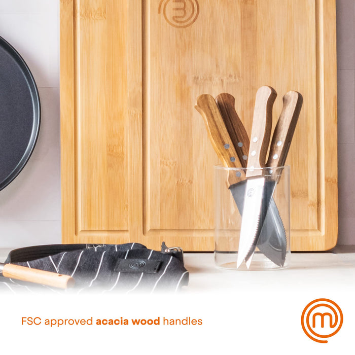 MasterChef Steak Knife Set Stainless Steel, Acacia Wood Brown, Silver 12.5 cm