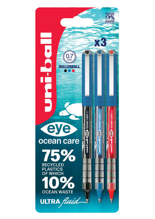 Uni-ball eye ocean care Rollerball Pen Black, Blue, Red UB-157 Pack of 3
