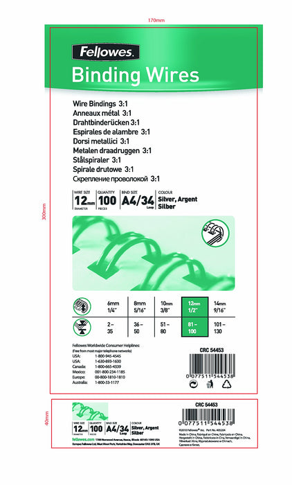 Fellowes Binding Wires 54453 Silver Pack of 100