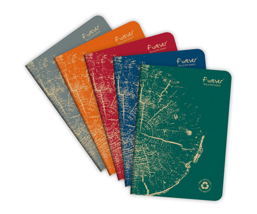 Clairefontaine Forever Recycled A5 Stapled Notebooks 120 Pages 90gsm Feint Ruled Paper Assorted Colours (Pack 5) - 68486C