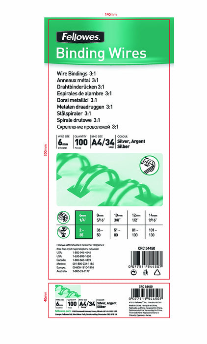 Fellowes Binding Wires 54450 Silver Pack of 100